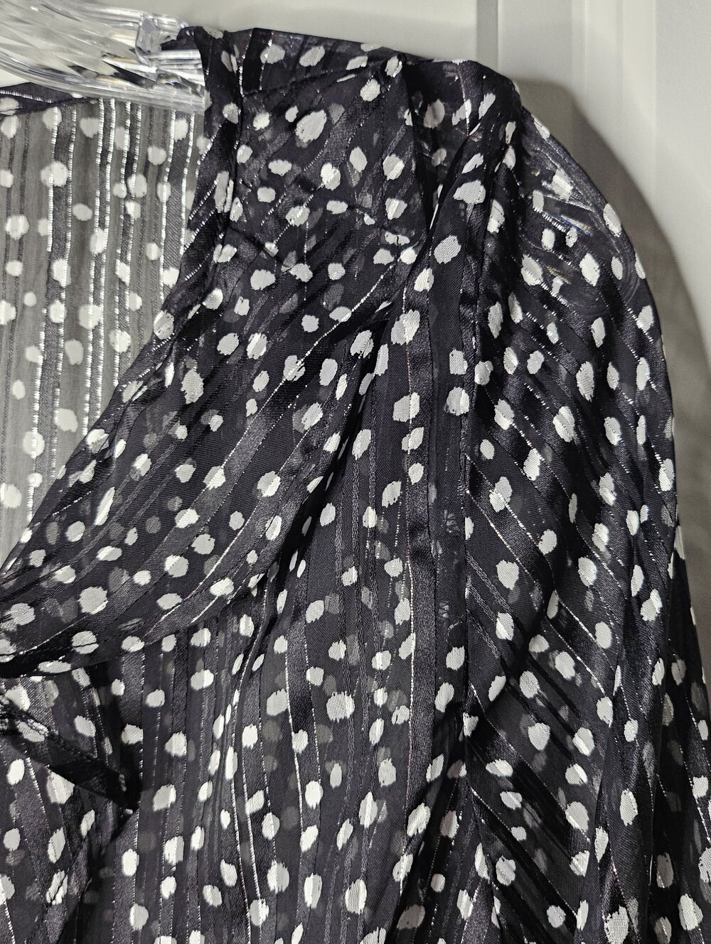 Emaline Petite Large Black Polka Dot Blouse Ruffle Smocked Peplum Sheer Metallic - Picture 4 of 14